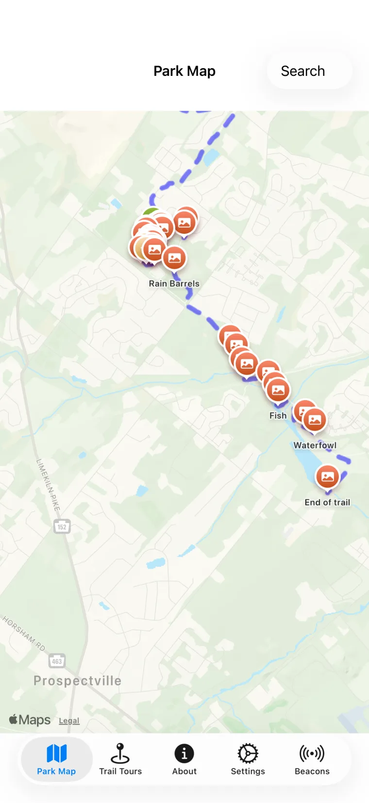 The app's park map showing trail routes and landmark markers