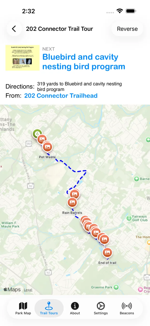 A guided tour screen with the next landmark and walking directions