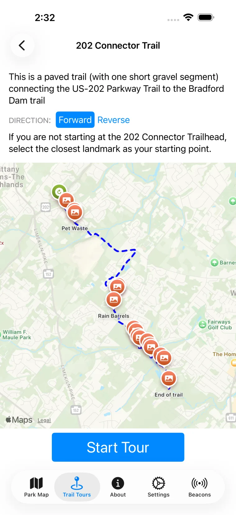 A trail detail screen with a map and route information